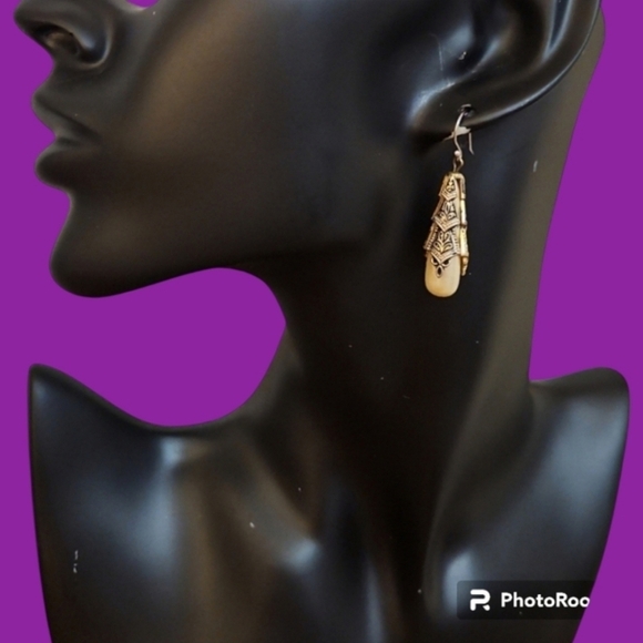 Vtg Great Gatsby Damascene Faux Pearl Drop Dangle Earrings - Picture 1 of 6